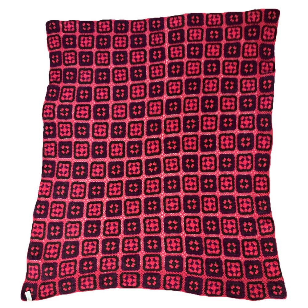 Crochet Granny Square Throw Blanket Cottagecore Red Pink Black Purple 57"X65"